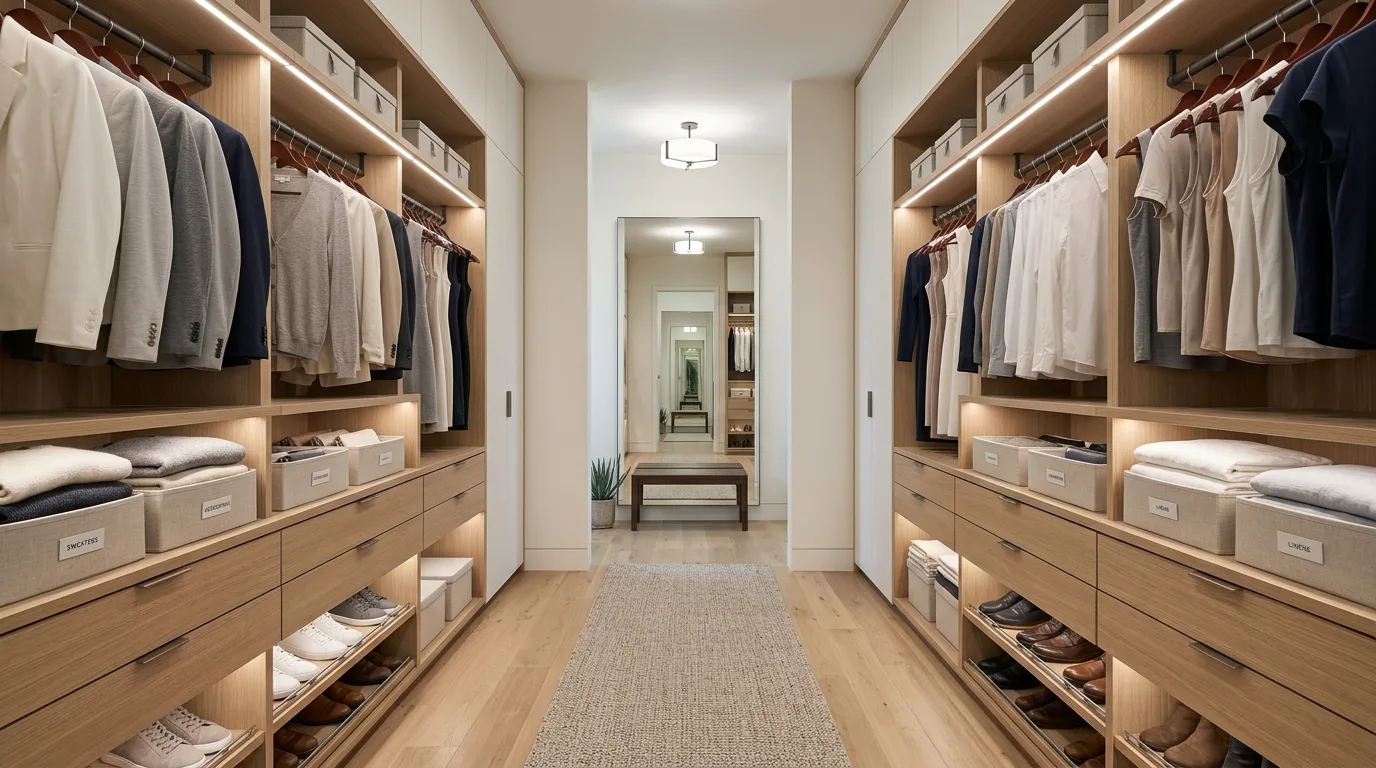 Aim for symmetry and soft integrated lighting inspiration for a closet.